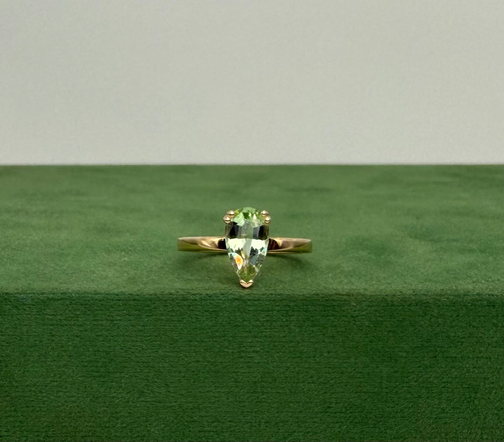 Gold Ring with Green Pear Cut Tourmaline - 14k Gold