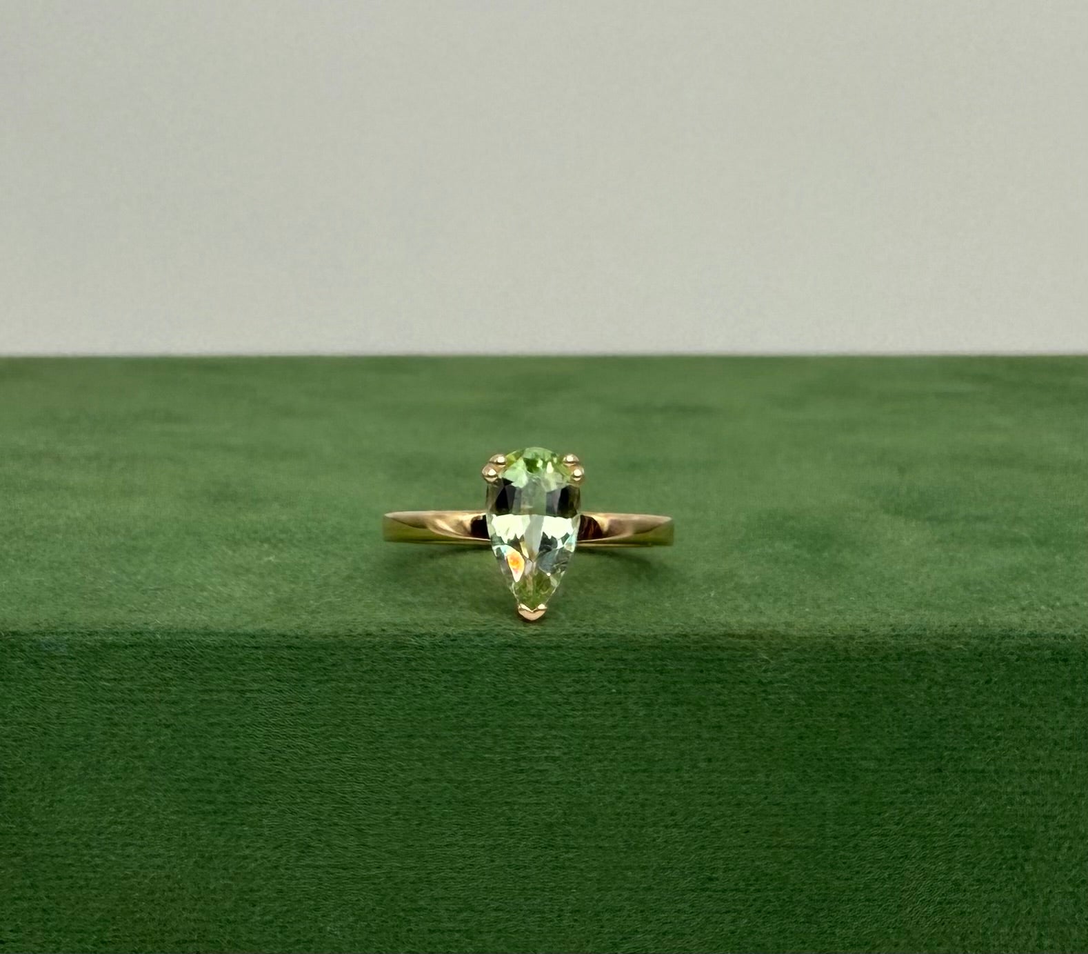 Gold Ring with Green Pear Cut Tourmaline - 14k Gold