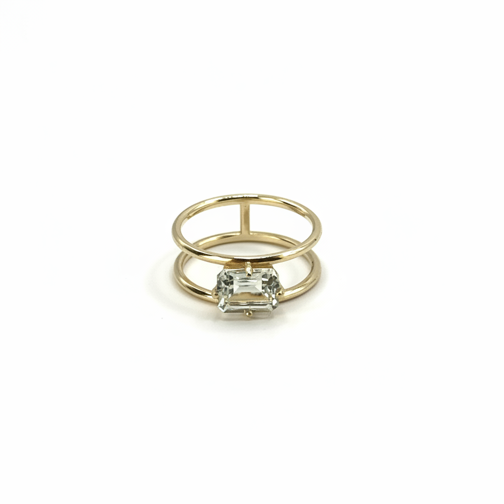 14kt Gold Double-Band Ring with Icy Aqua Prasiolite