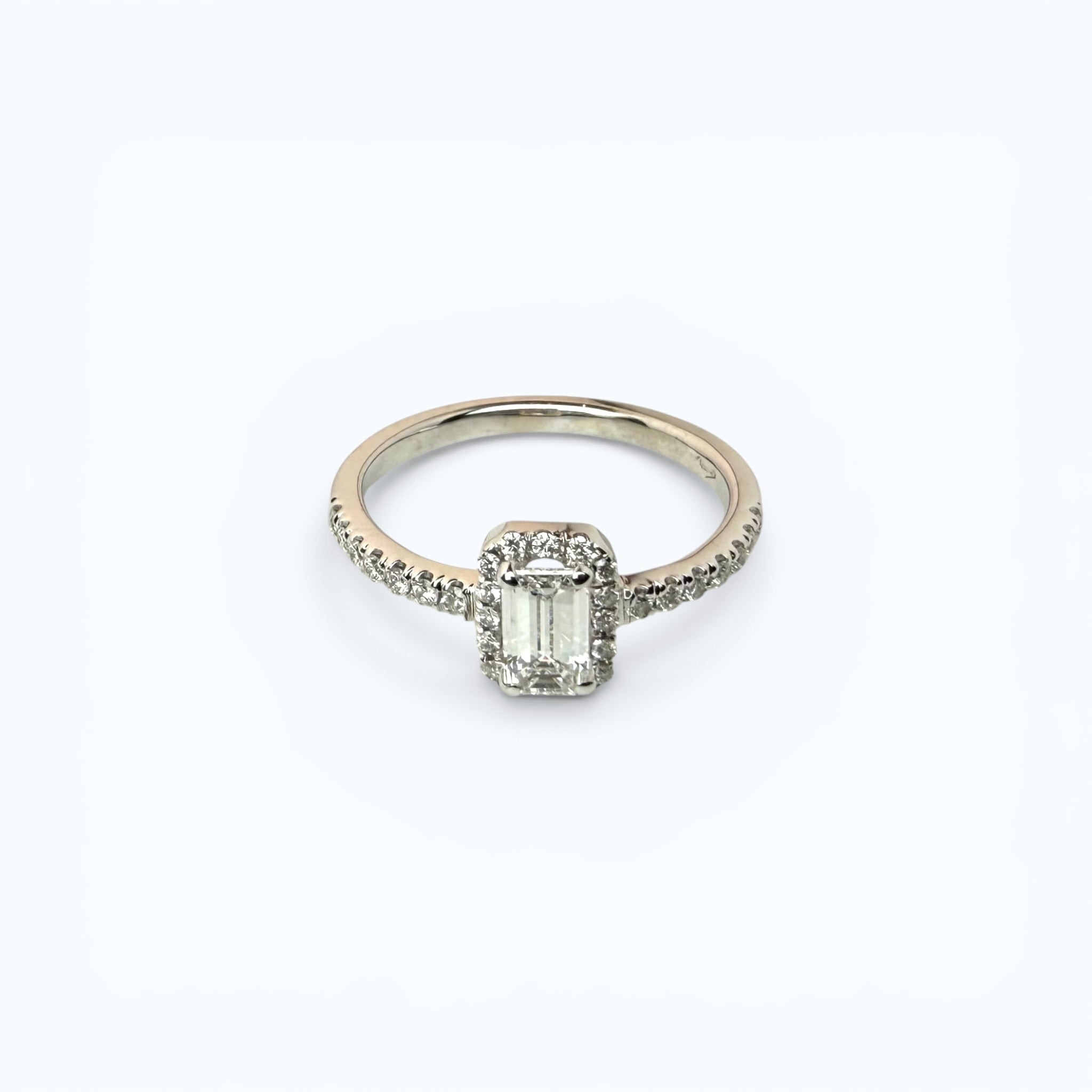 Emerald Cut Diamond Halo Ring with Side Stones - 18k White Gold