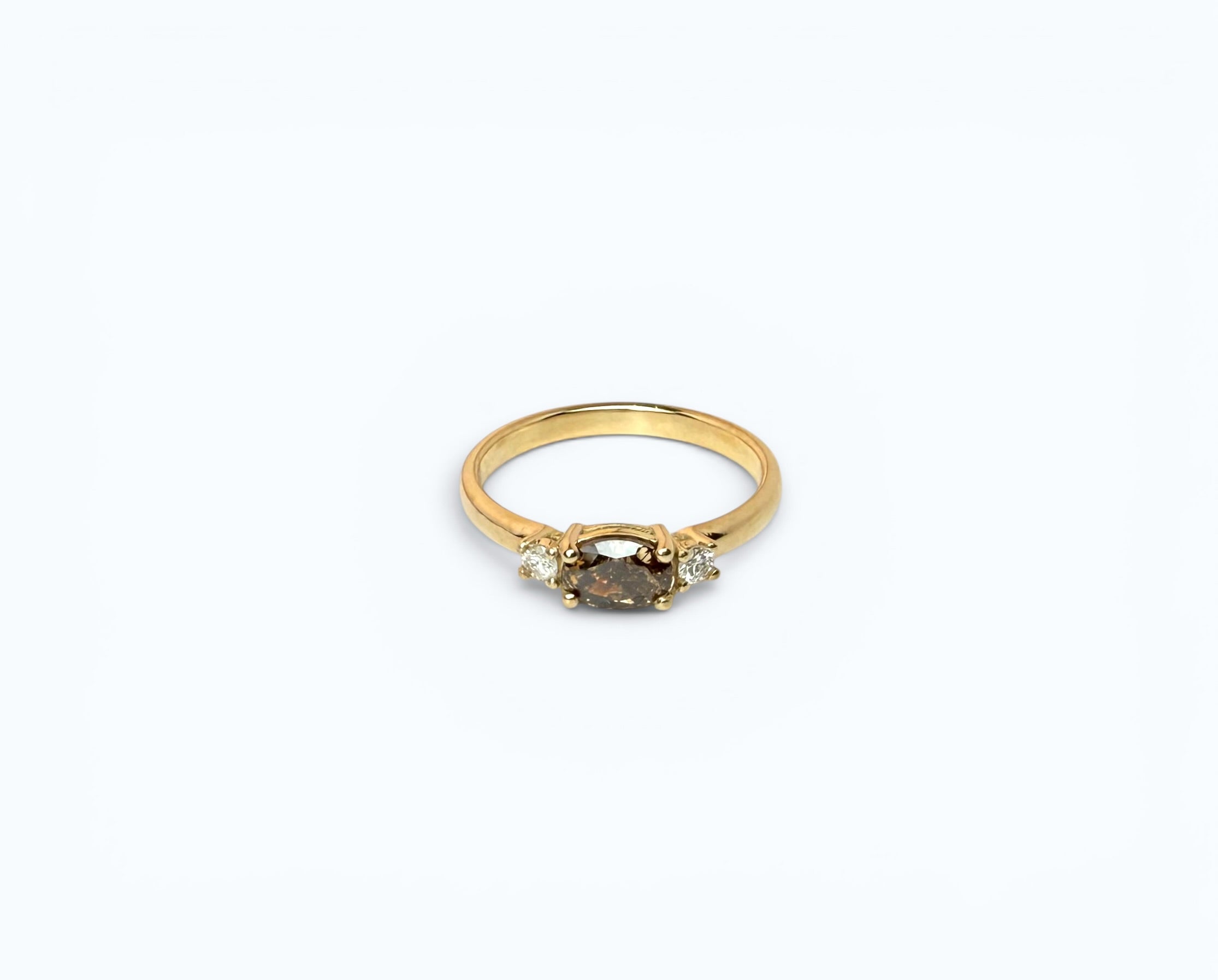 Oval Brown Diamond Ring with Side Stones - 14k Gold