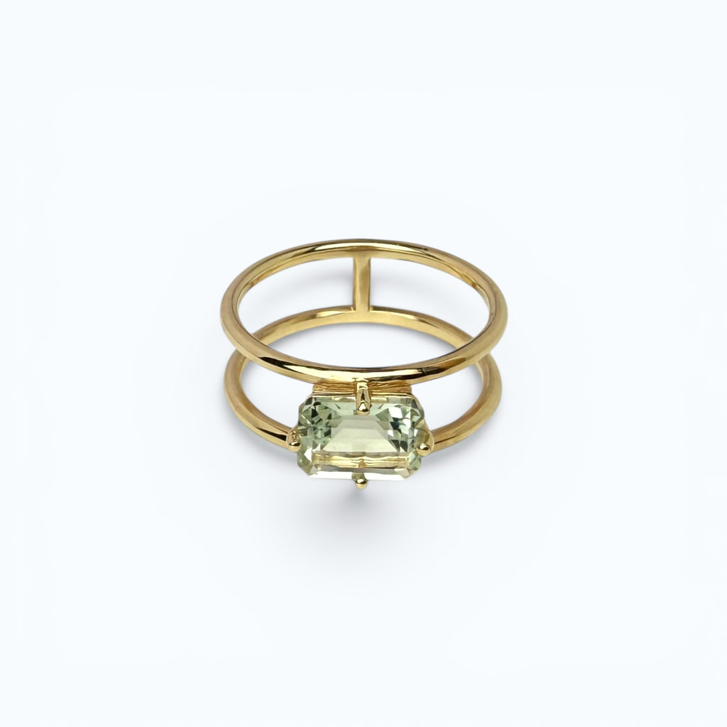 Gold Double-Band Ring with Light Blue Prasiolite - 14k Gold