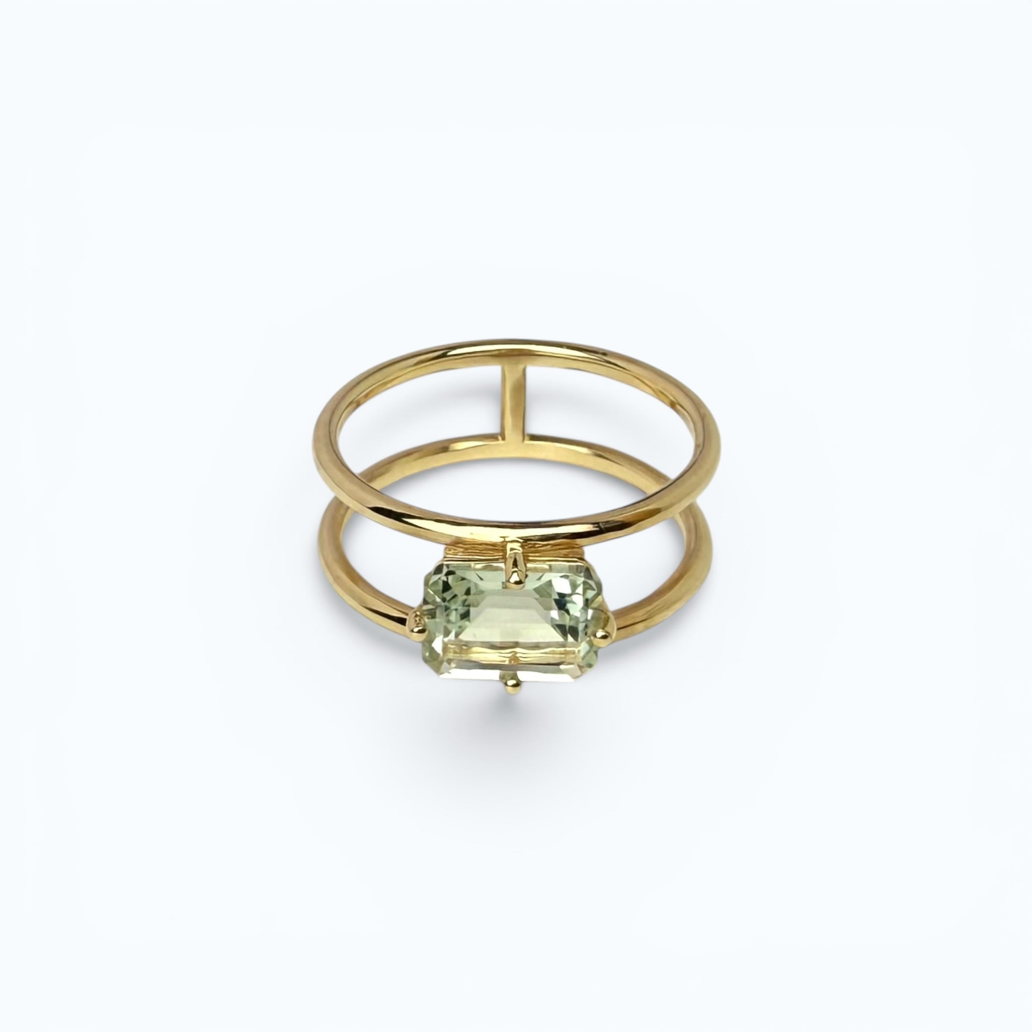 Gold Double-Band Ring with Light Blue Prasiolite - 14k Gold