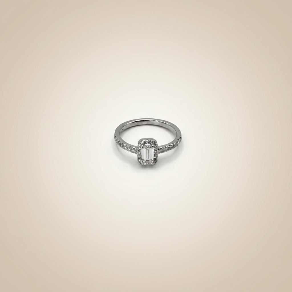 Emerald Cut Diamond Halo Ring with Side Stones - 18k White Gold