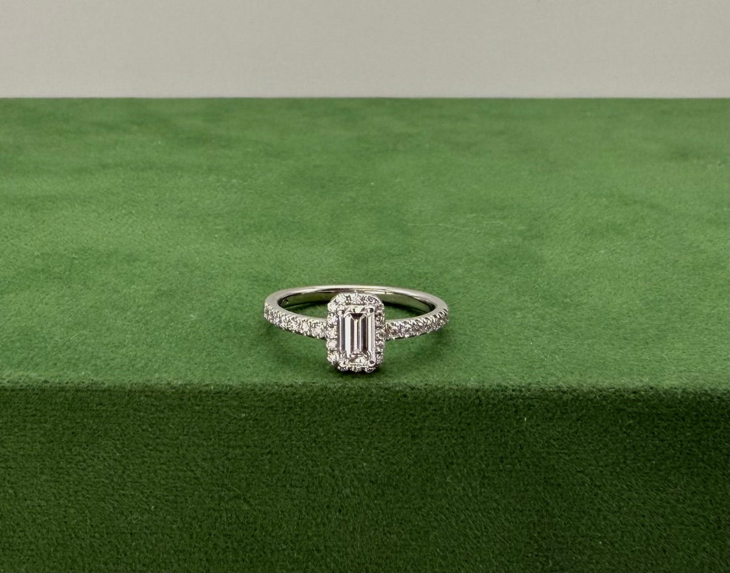 Emerald Cut Diamond Halo Ring with Side Stones - 18k White Gold