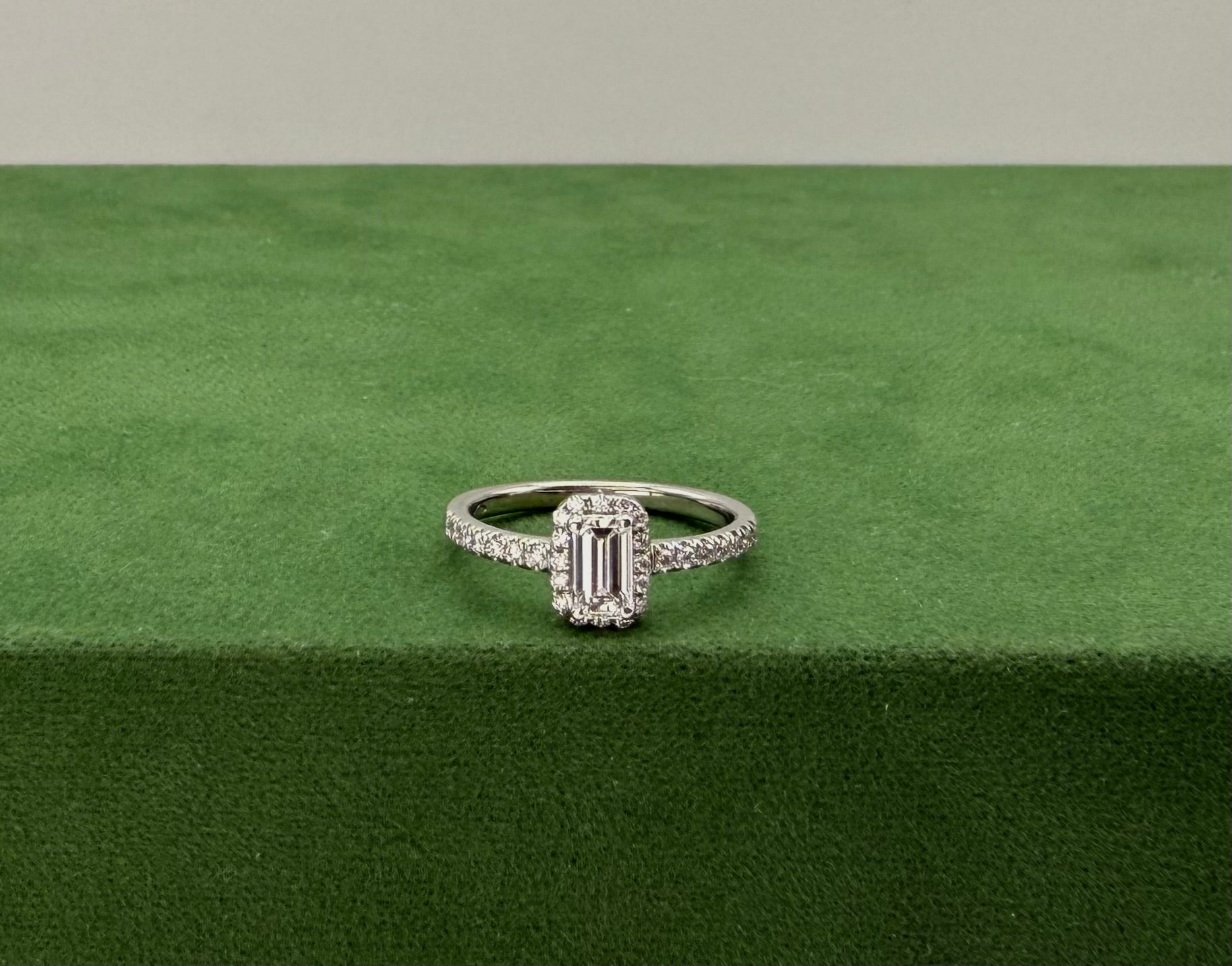 Emerald Cut Diamond Halo Ring with Side Stones - 18k White Gold
