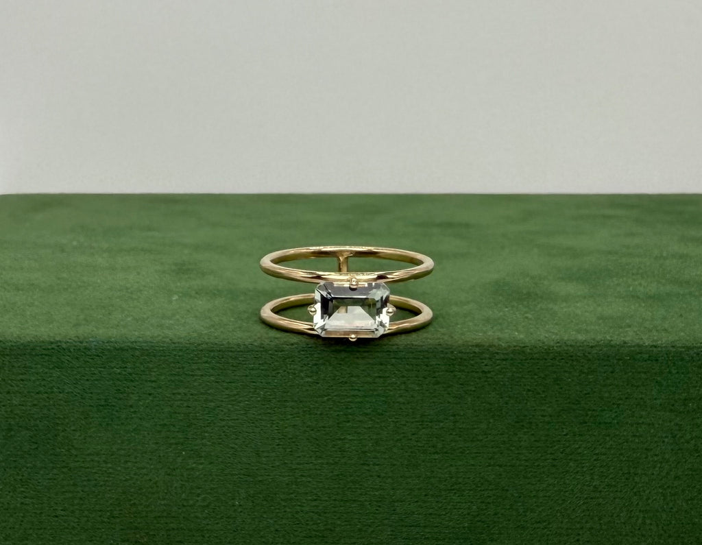Gold Double-Band Ring with Light Blue Prasiolite - 14k Gold