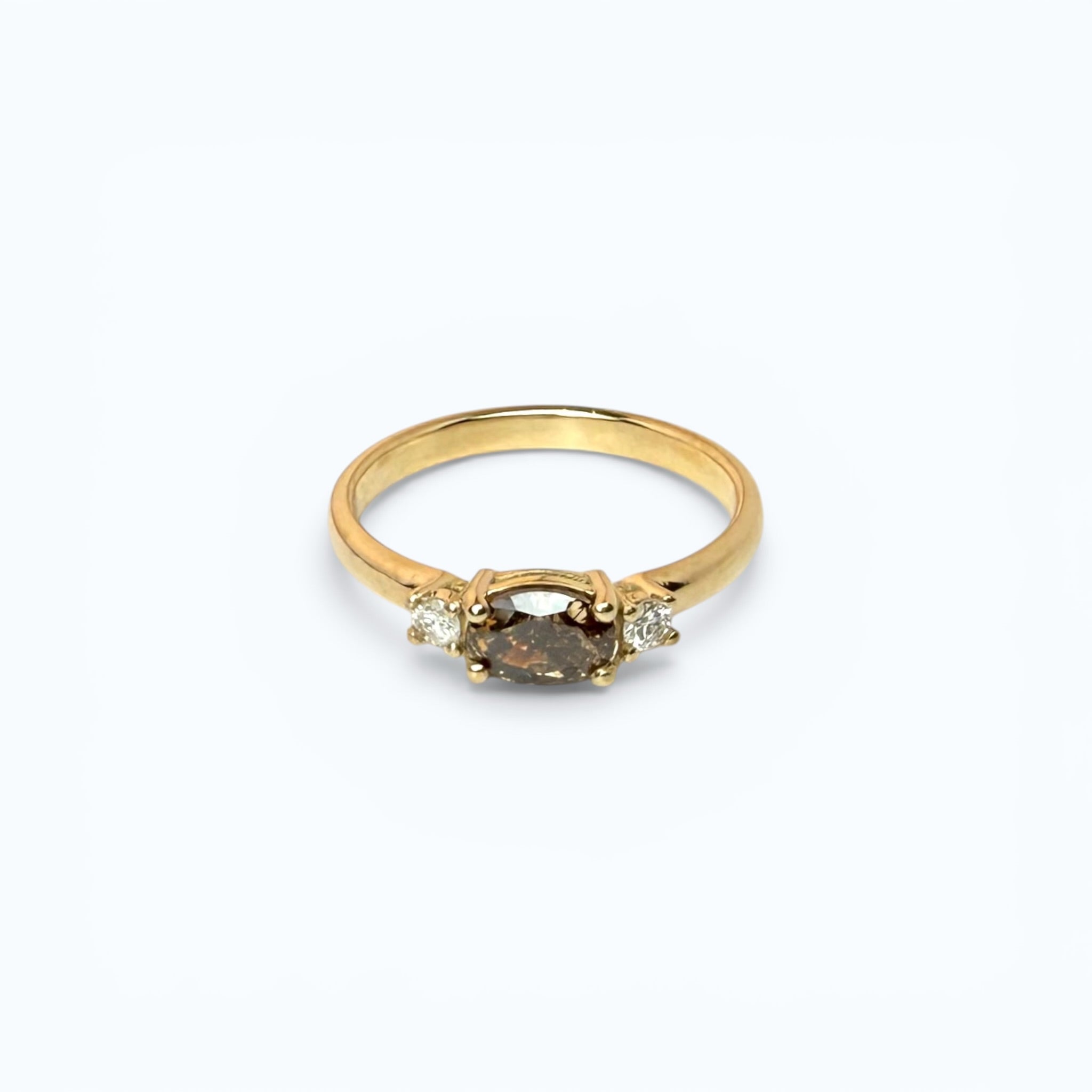 Oval Brown Diamond Ring with Side Stones - 14k Gold