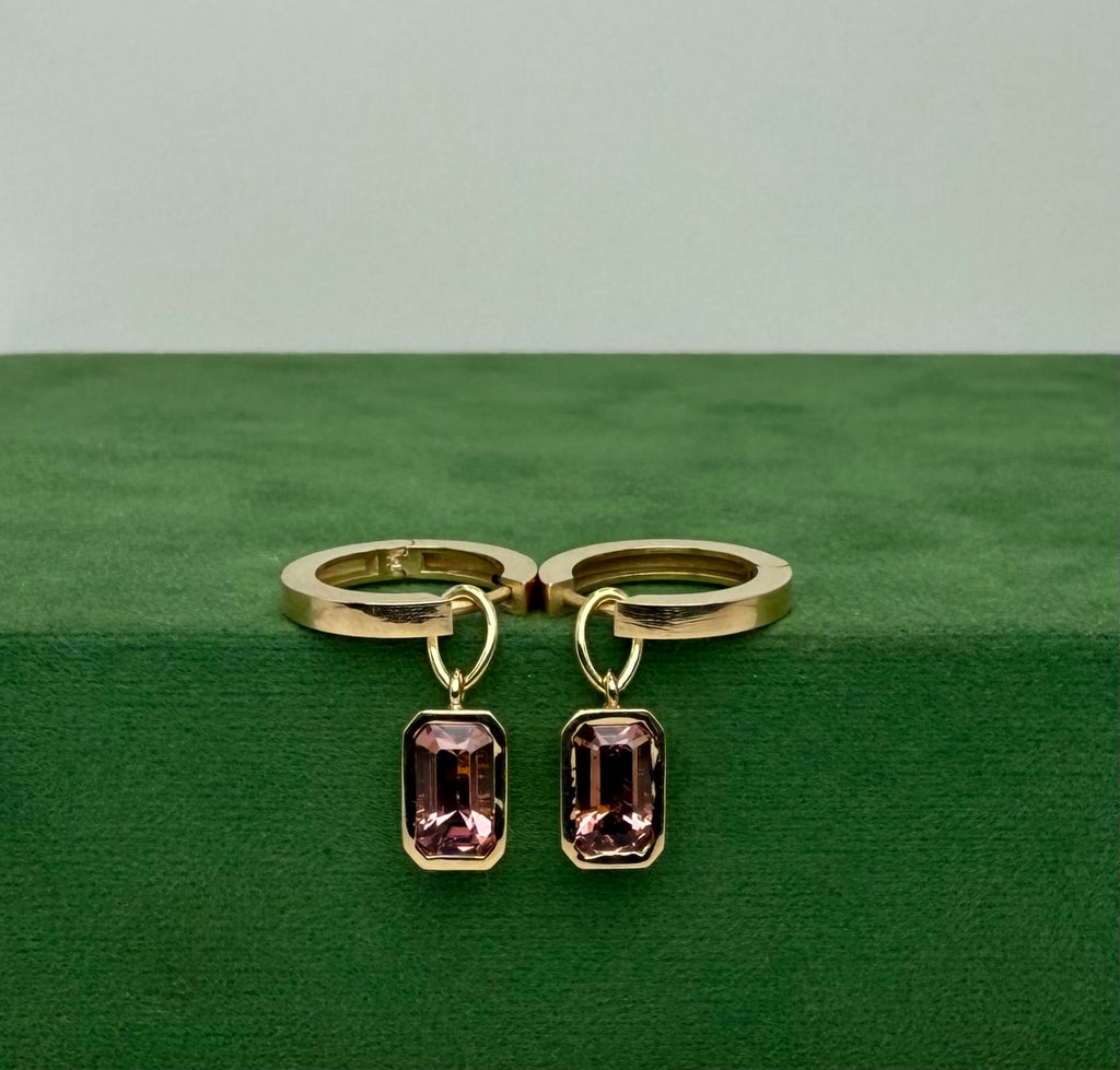 Drop Hoops with Rectangular Pink Tourmaline - 14k Gold