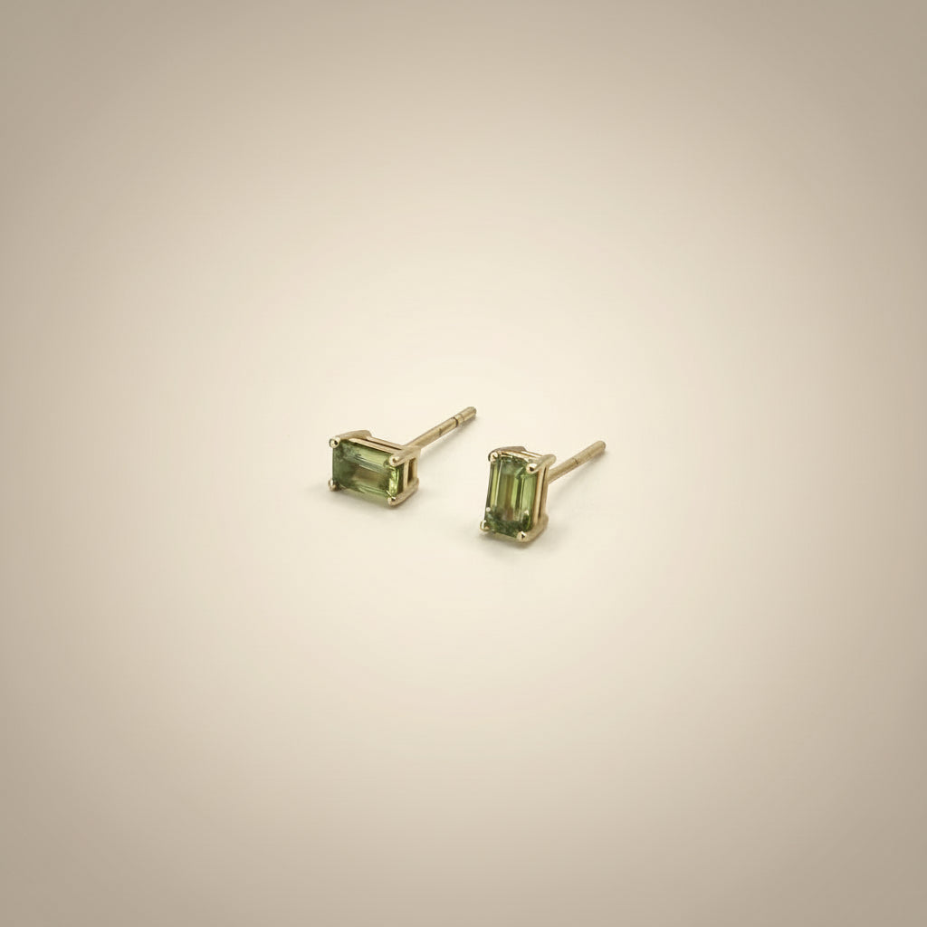 Emerald Cut Studs with Green Sapphire  – 14k Gold