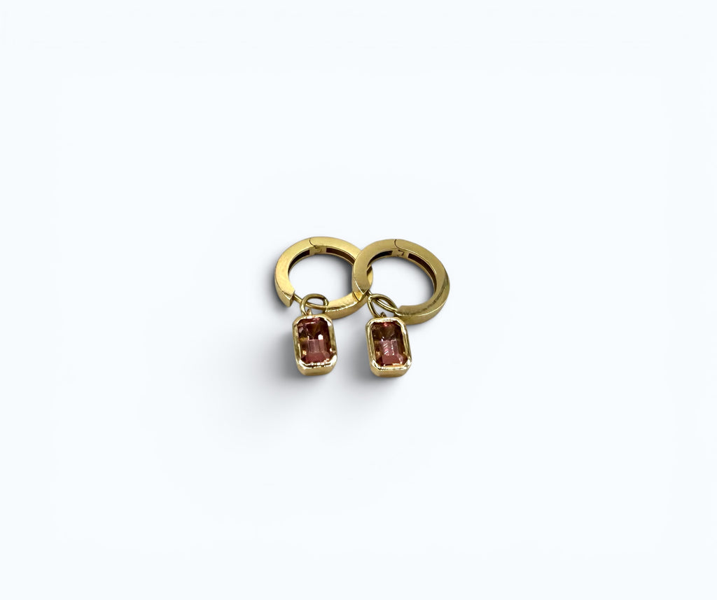 Drop Hoops with Rectangular Pink Tourmaline - 14k Gold
