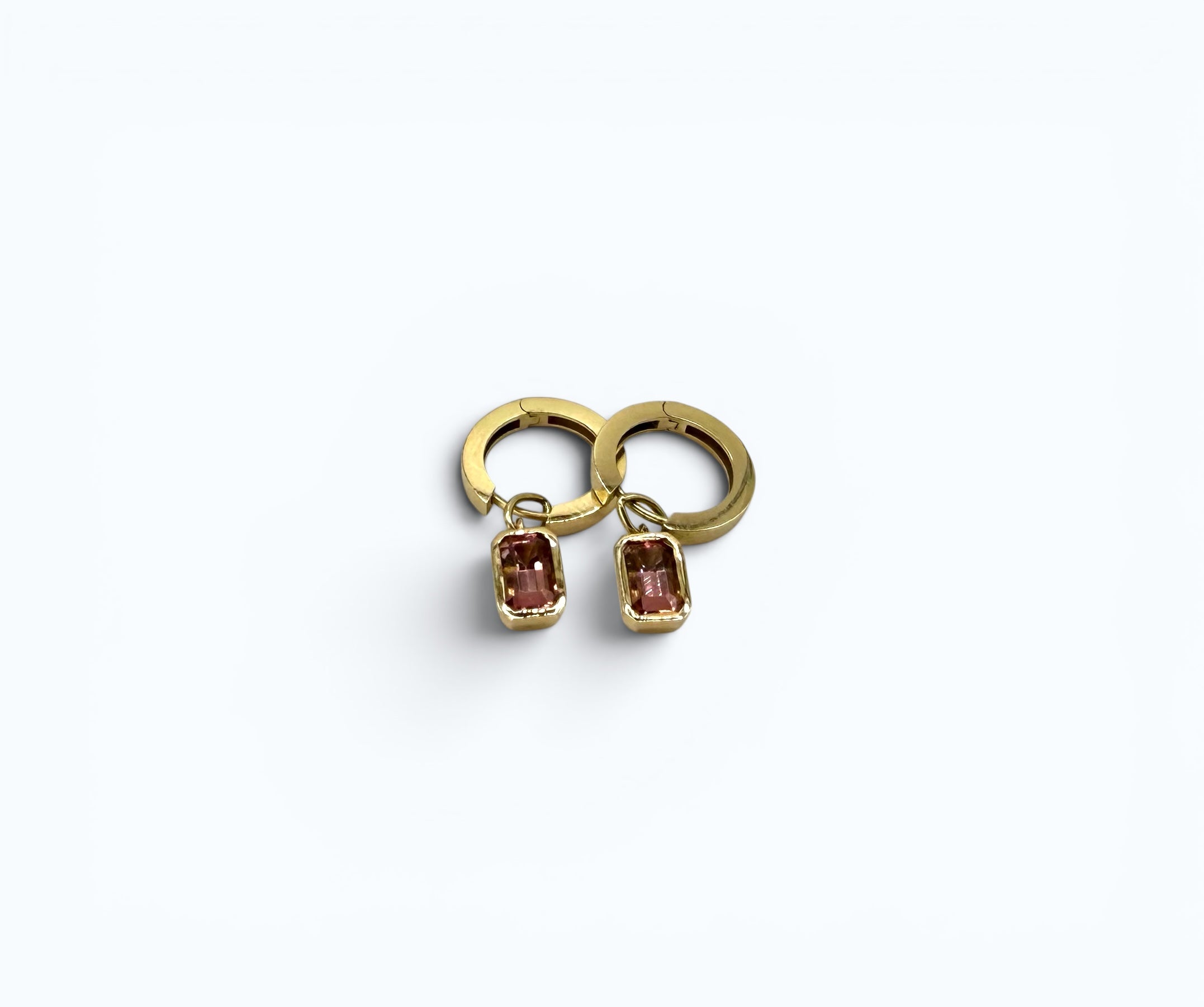 Drop Hoops with Rectangular Pink Tourmaline - 14k Gold