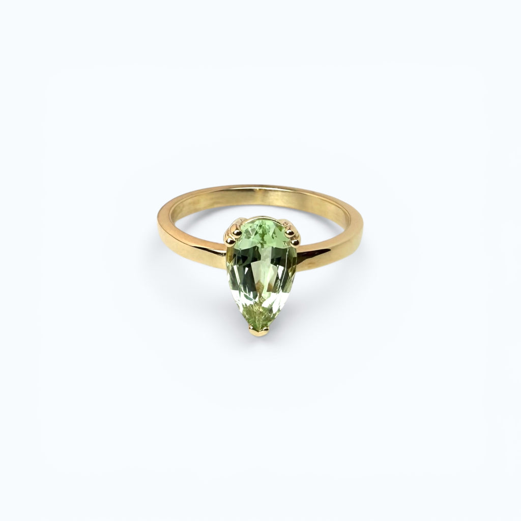 Gold Ring with Green Pear Cut Tourmaline - 14k Gold