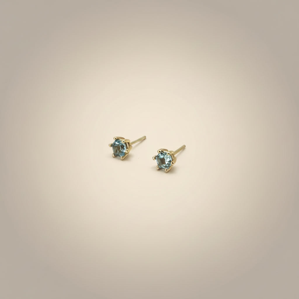 Stud Earrings with Hexagon Aquamarine  - 14k Gold
