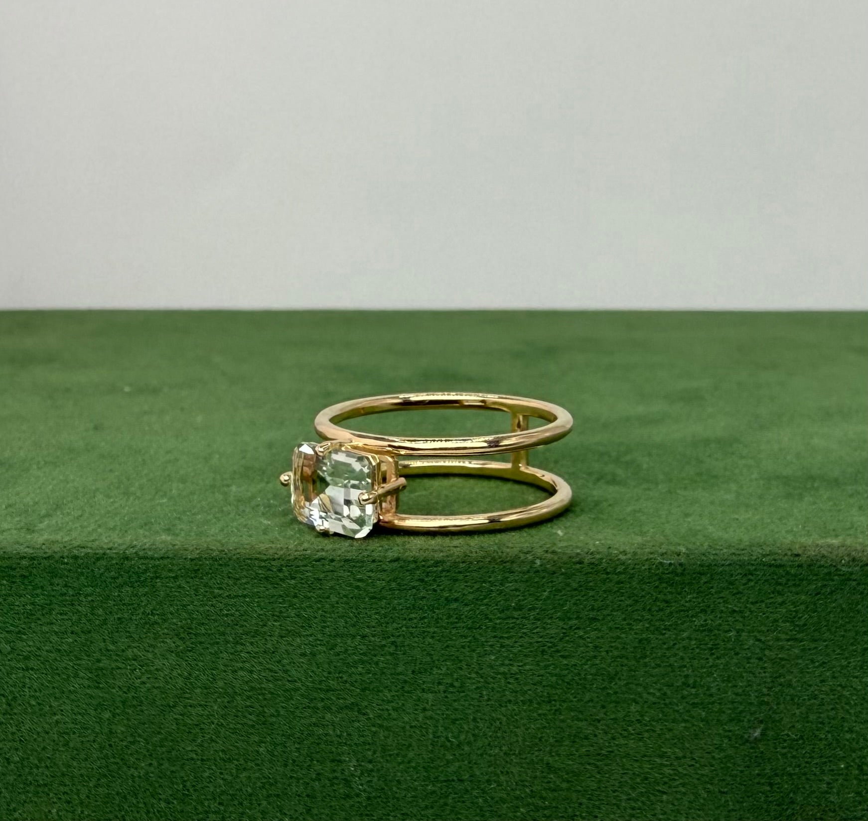Gold Double-Band Ring with Light Blue Prasiolite - 14k Gold