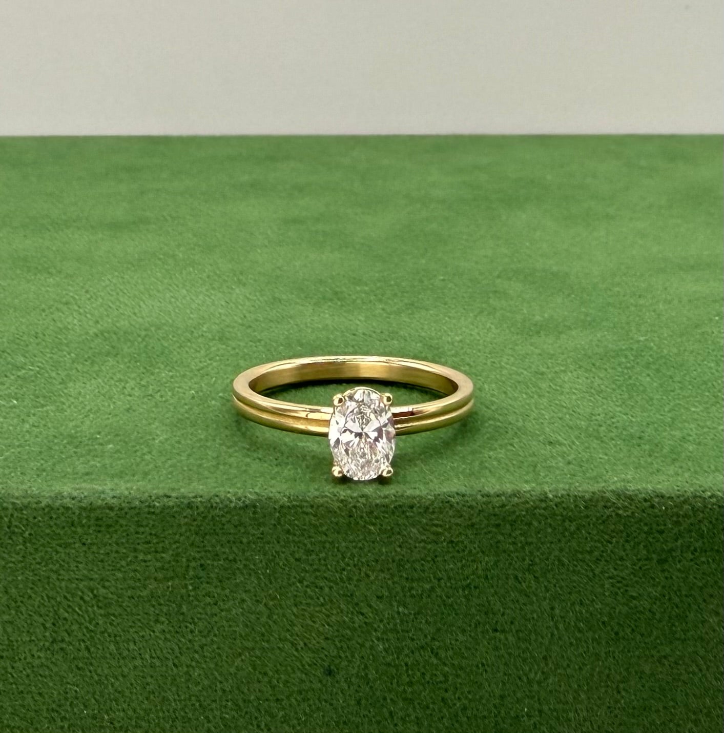 Double Band Stacking Engagement Ring with Oval Solitaire – 14k Gold