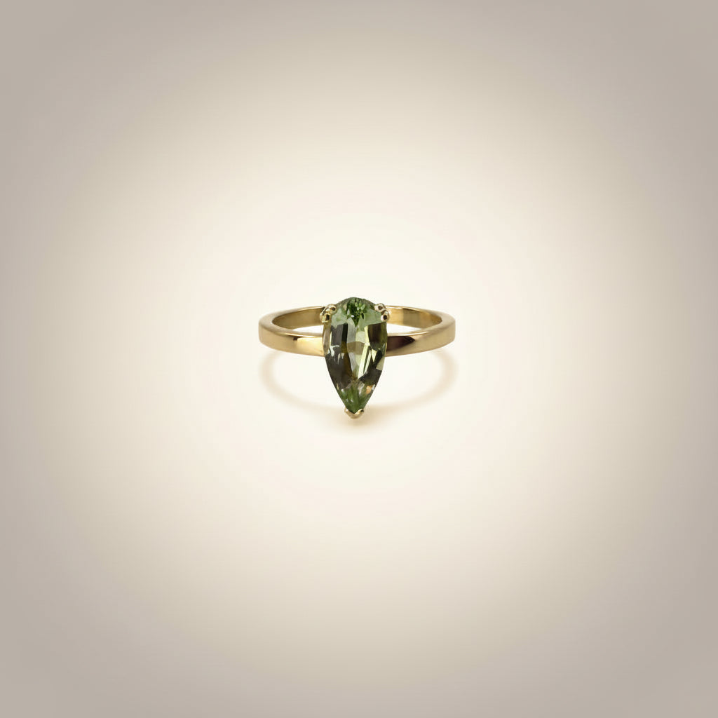 Gold Ring with Green Pear Cut Tourmaline - 14k Gold