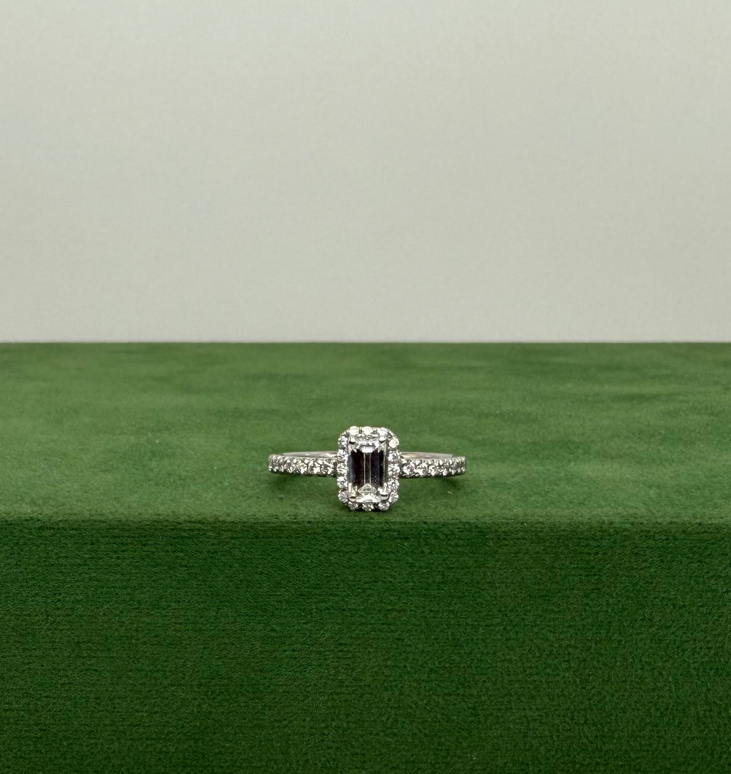 Emerald Cut Diamond Halo Ring with Side Stones - 18k White Gold