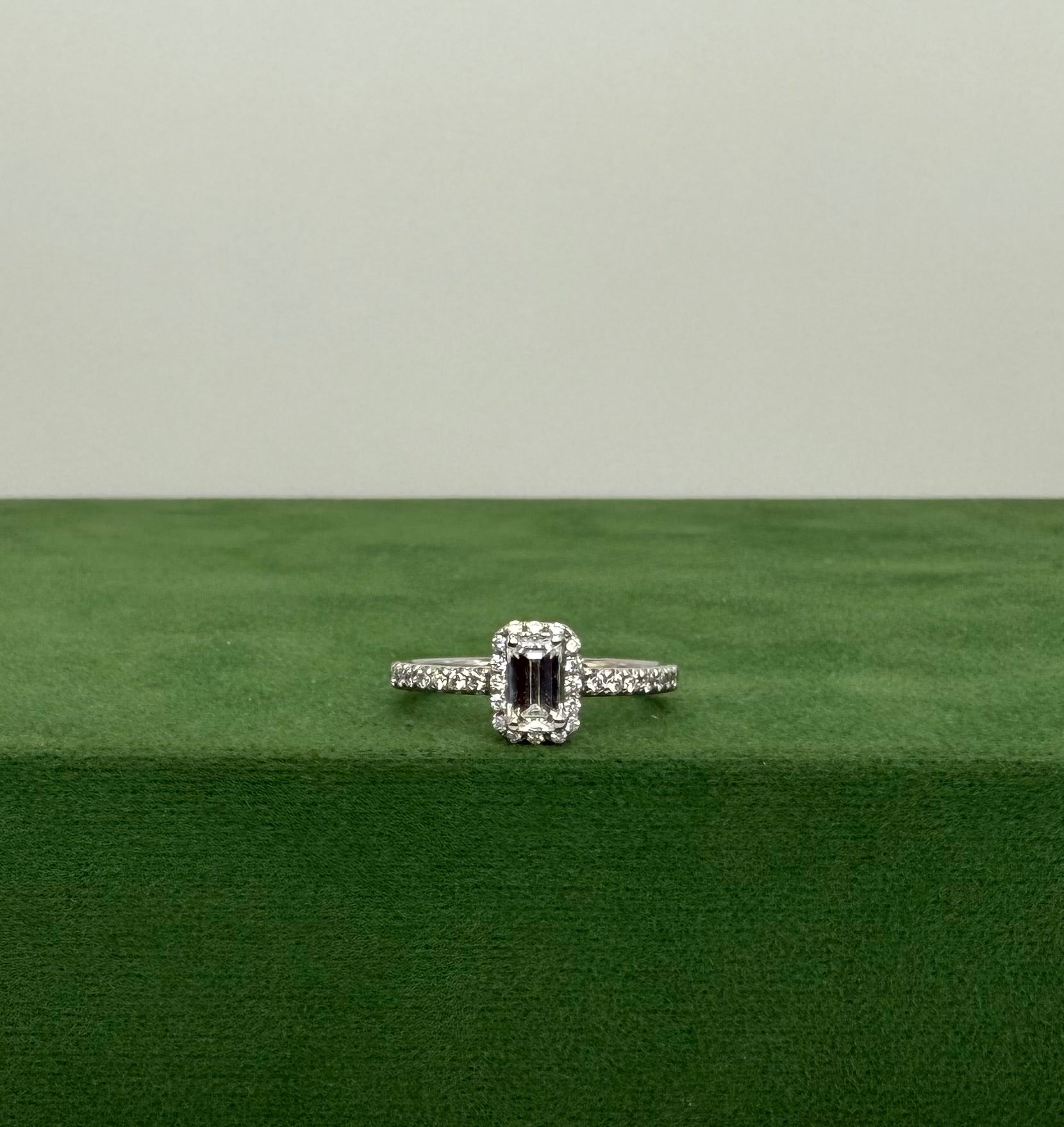 Emerald Cut Diamond Halo Ring with Side Stones - 18k White Gold