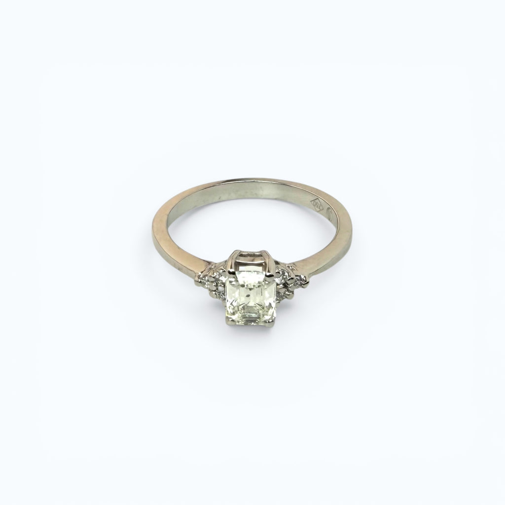 White Gold Engagement Ring with Emerald Cut Natural Diamond & Side Stones - 18k Gold