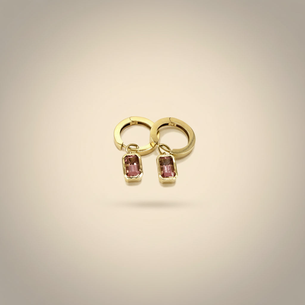 Drop Hoops with Rectangular Pink Tourmaline - 14k Gold