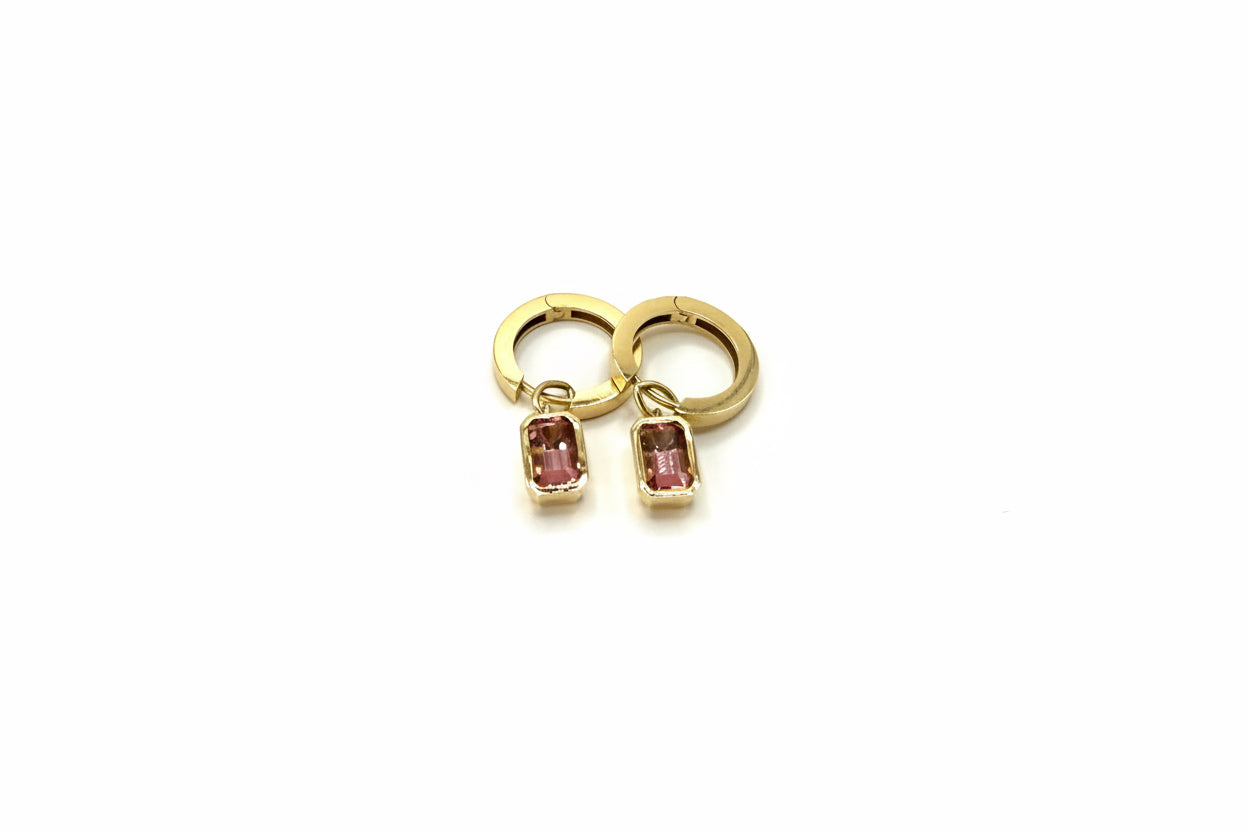 1 of 1 Rectangular Pink Tourmaline Drop Hoops - 14k Gold