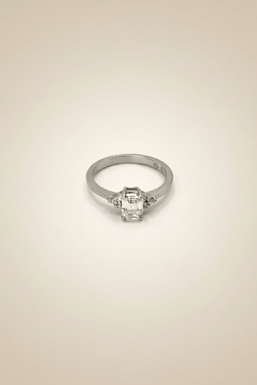 White Gold Engagement Ring with Emerald Cut Natural Diamond & Side Stones - 18k Gold