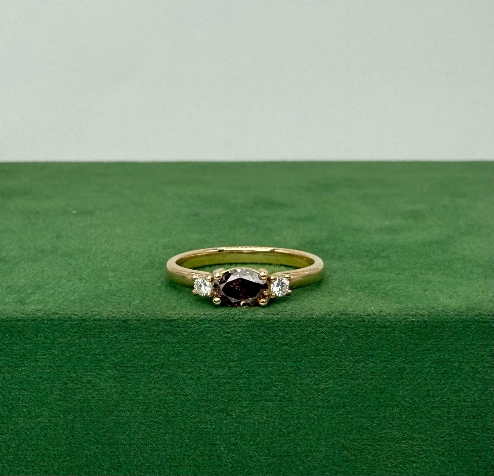 Oval Brown Diamond Ring with Side Stones - 14k Gold