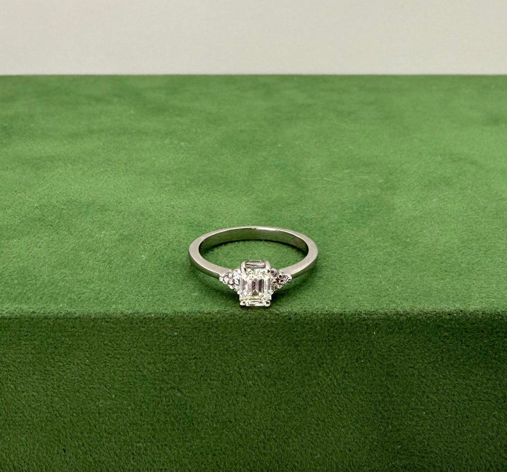 White Gold Engagement Ring with Emerald Cut Natural Diamond & Side Stones - 18k Gold