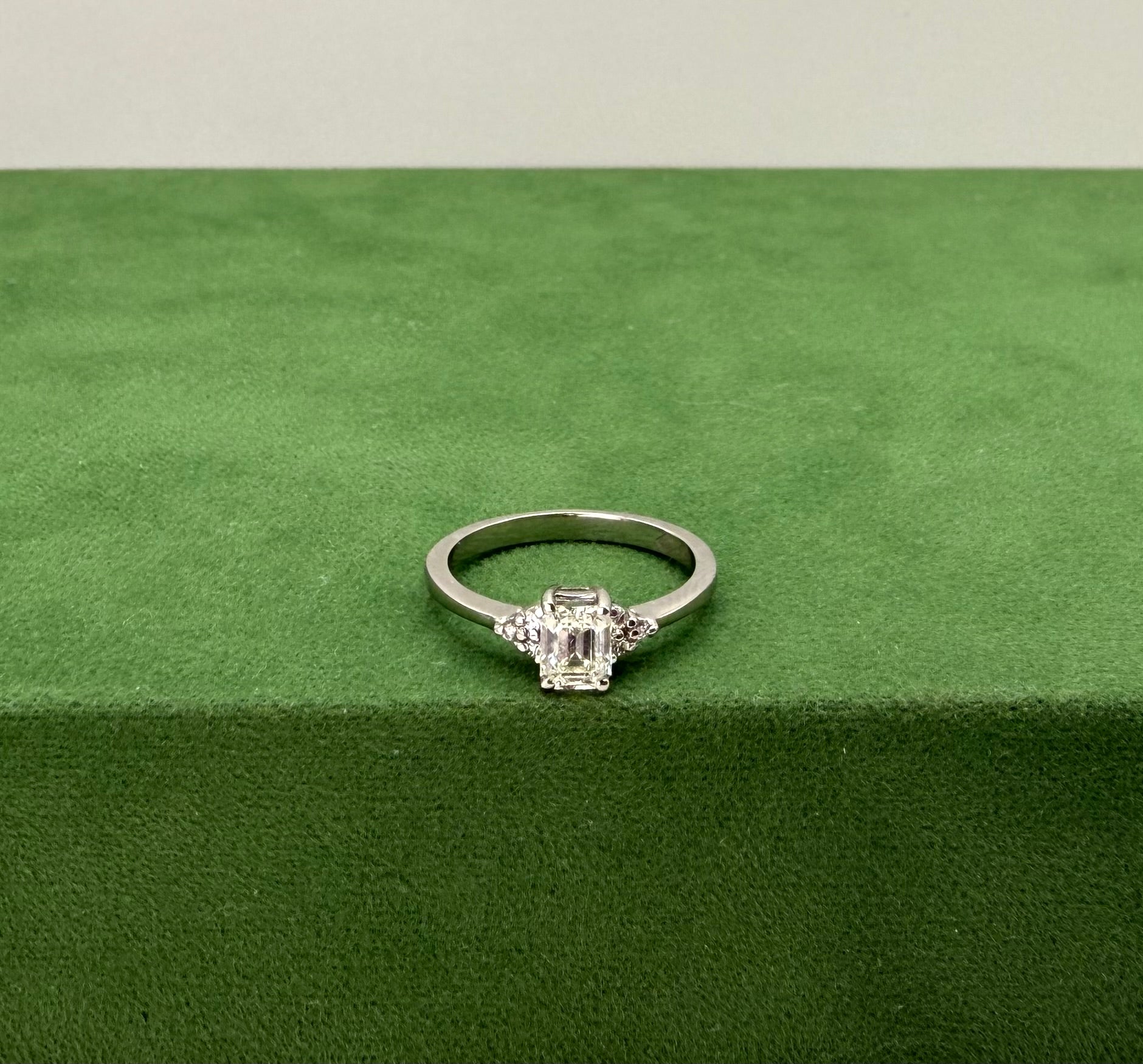 White Gold Engagement Ring with Emerald Cut Natural Diamond & Side Stones - 18k Gold