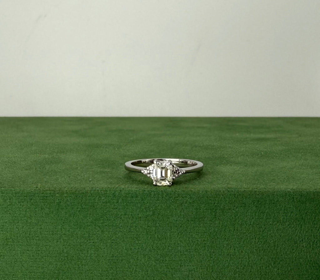 White Gold Engagement Ring with Emerald Cut Natural Diamond & Side Stones - 18k Gold