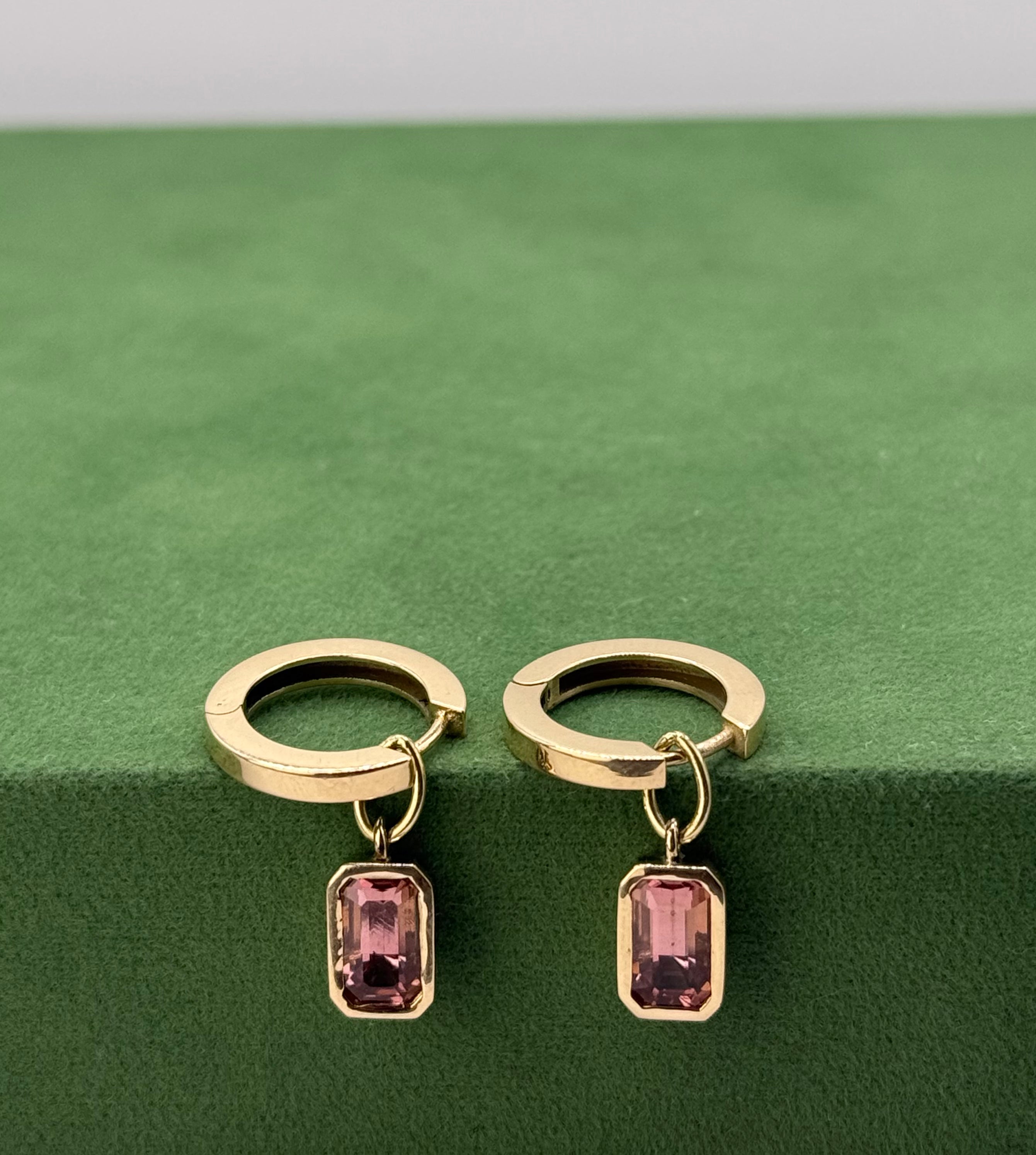 1 of 1 Rectangular Pink Tourmaline Drop Hoops - 14k Gold