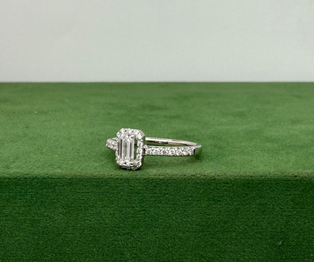 Emerald Cut Diamond Halo Ring with Side Stones - 18k White Gold