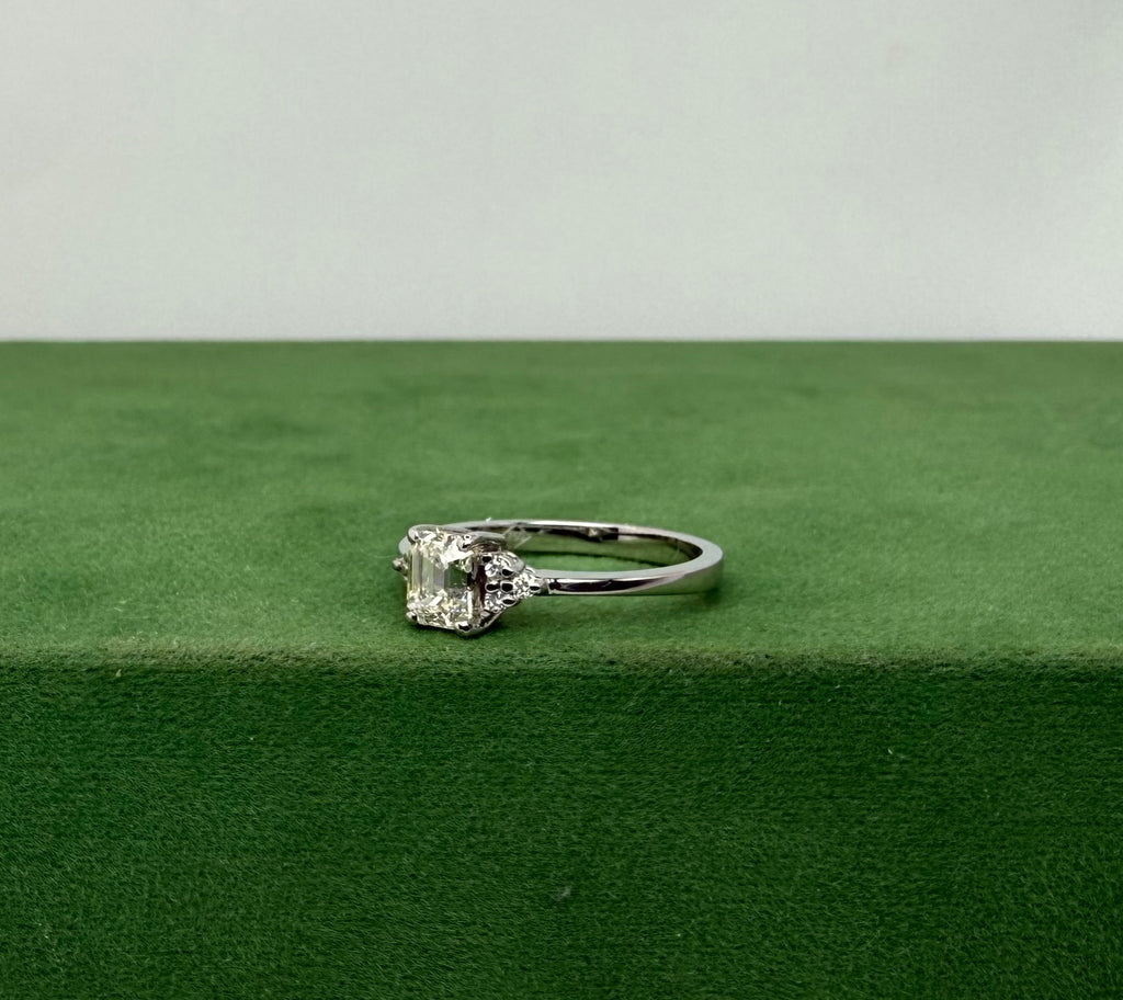 White Gold Engagement Ring with Emerald Cut Natural Diamond & Side Stones - 18k Gold