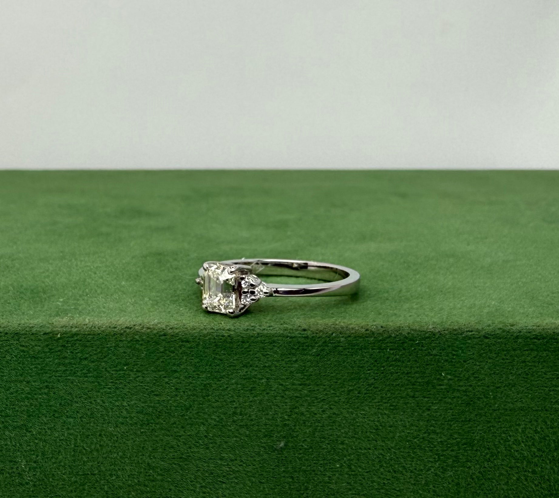 White Gold Engagement Ring with Emerald Cut Natural Diamond & Side Stones - 18k Gold