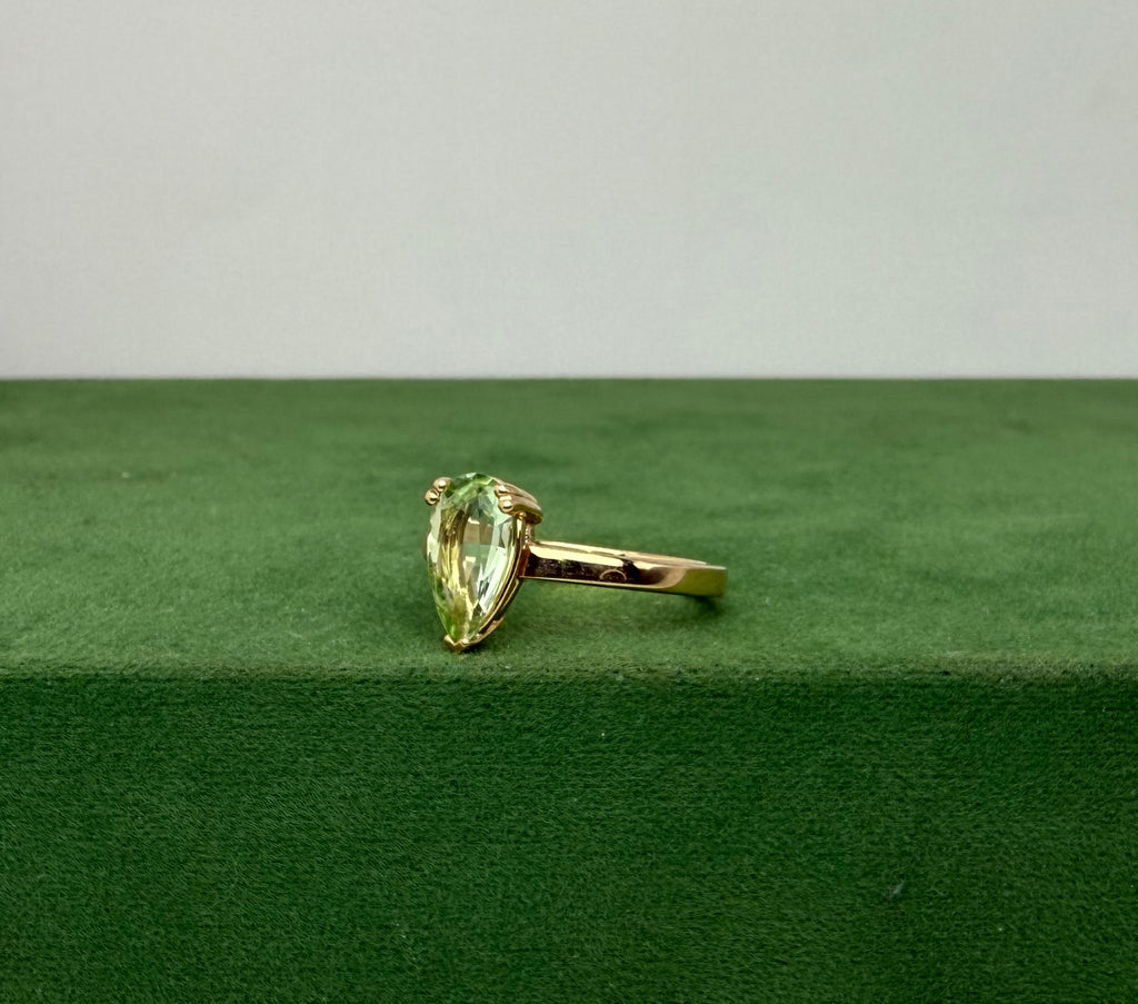 Gold Ring with Green Pear Cut Tourmaline - 14k Gold