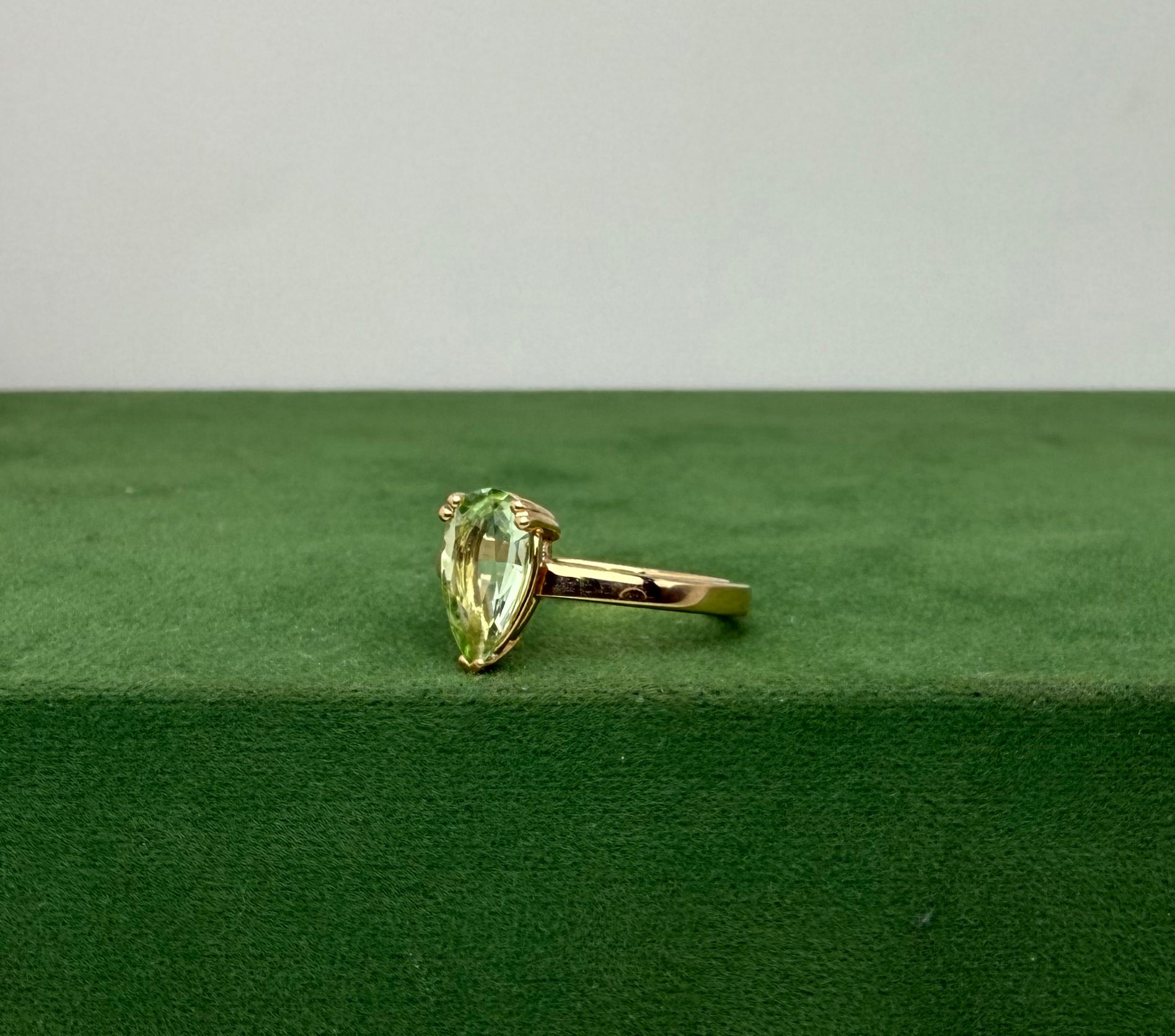 Gold Ring with Green Pear Cut Tourmaline - 14k Gold