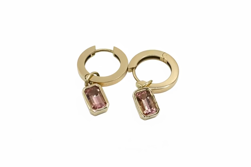 1 of 1 Rectangular Pink Tourmaline Drop Hoops - 14k Gold