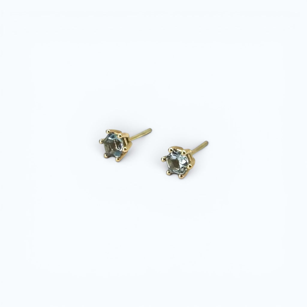 Stud Earrings with Hexagon Aquamarine  - 14k Gold