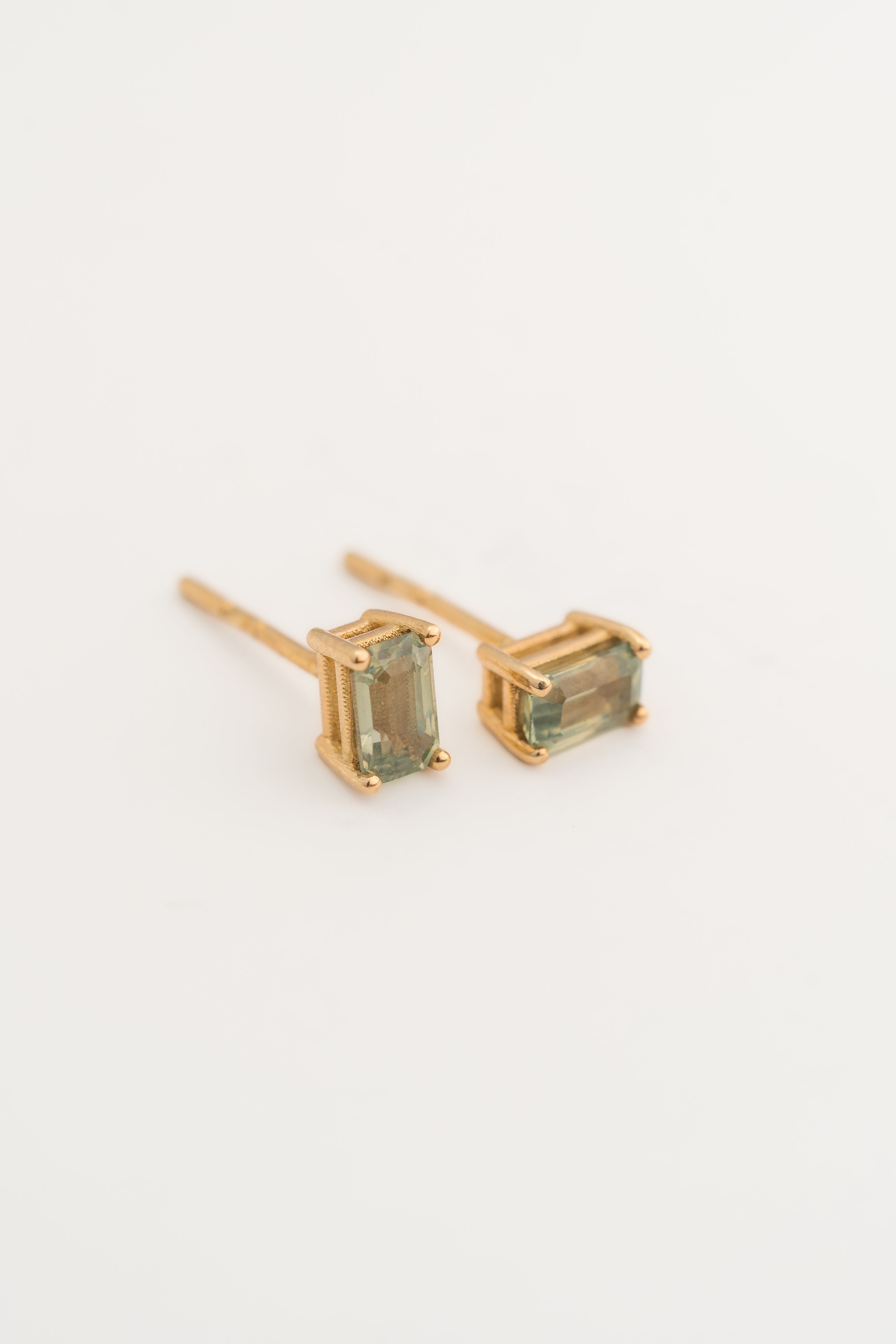 Emerald Cut Studs with Green Sapphire  – 14k Gold