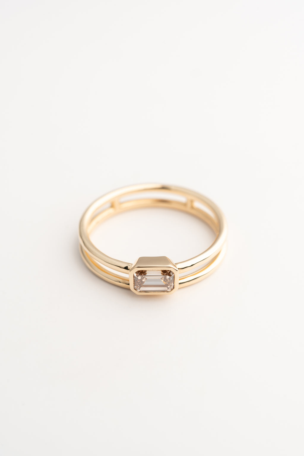 Double Band Emerald-Cut Brown Diamond Ring - 14k Gold