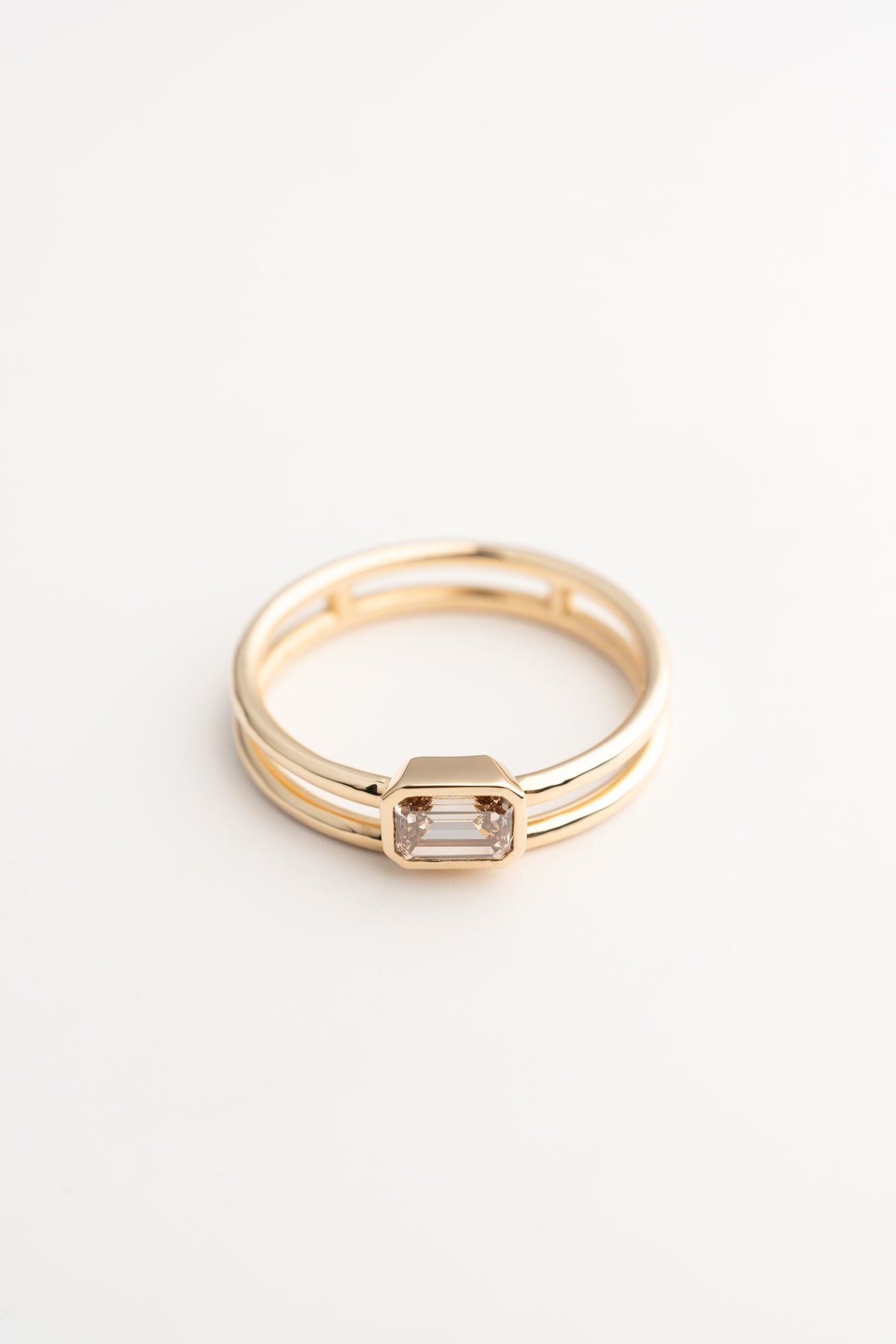 Double Band Emerald-Cut Brown Diamond Ring - 14k Gold