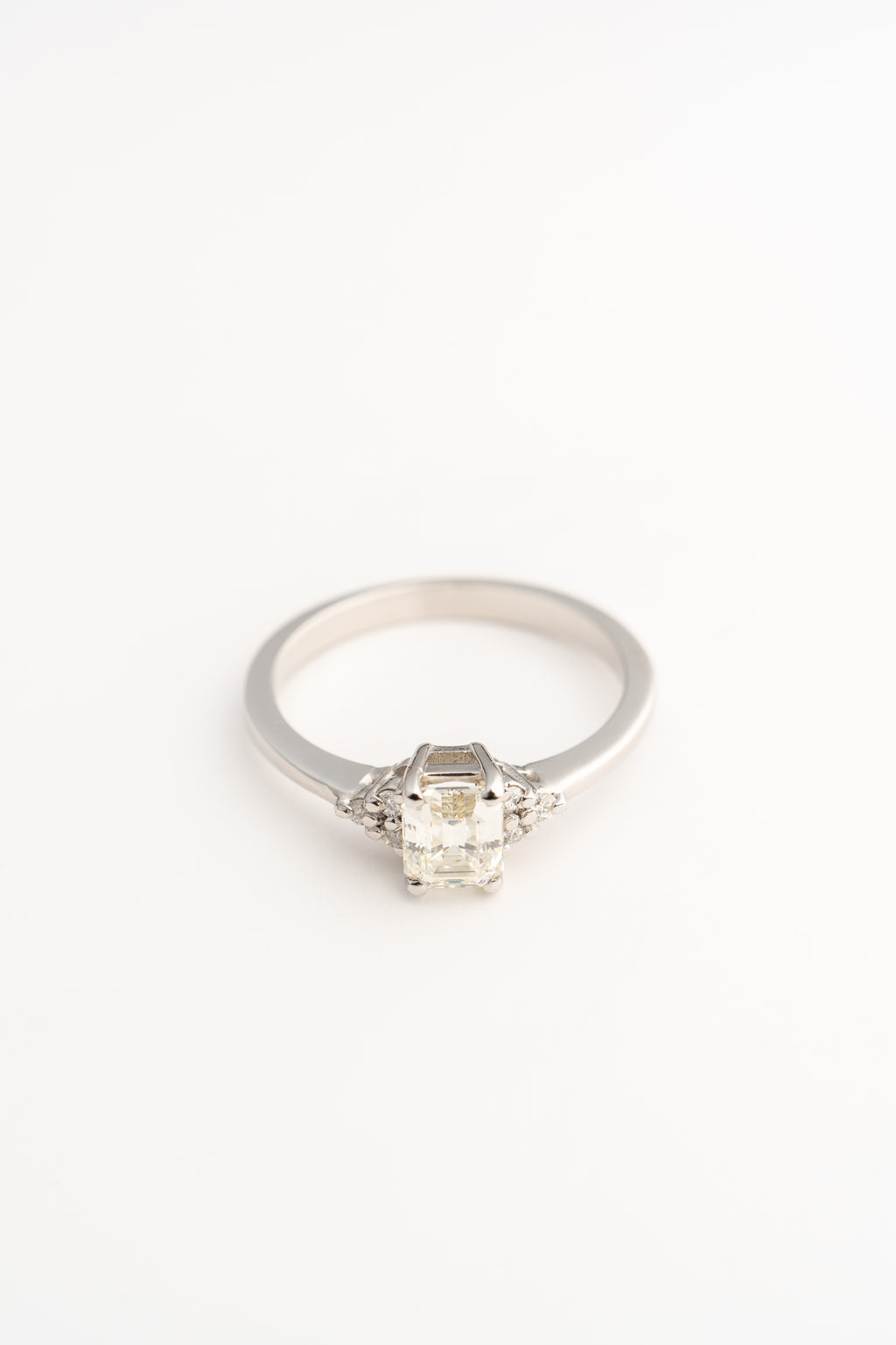 White Gold Engagement Ring with Emerald Cut Natural Diamond & Side Stones - 18k Gold