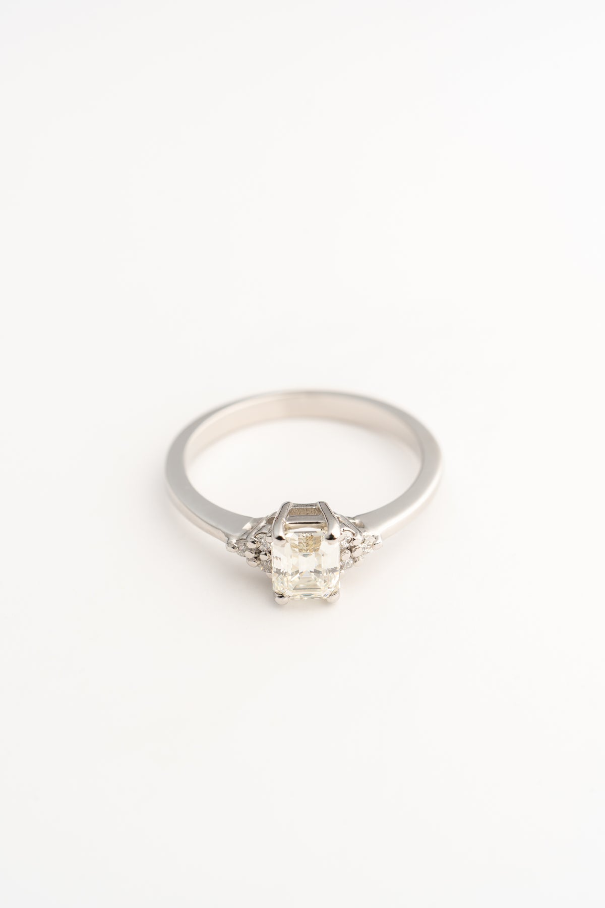 White Gold Engagement Ring with Emerald Cut Natural Diamond & Side Stones - 18k Gold