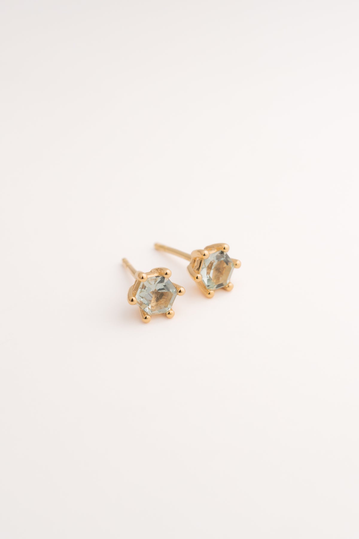 Stud Earrings with Hexagon Aquamarine  - 14k Gold