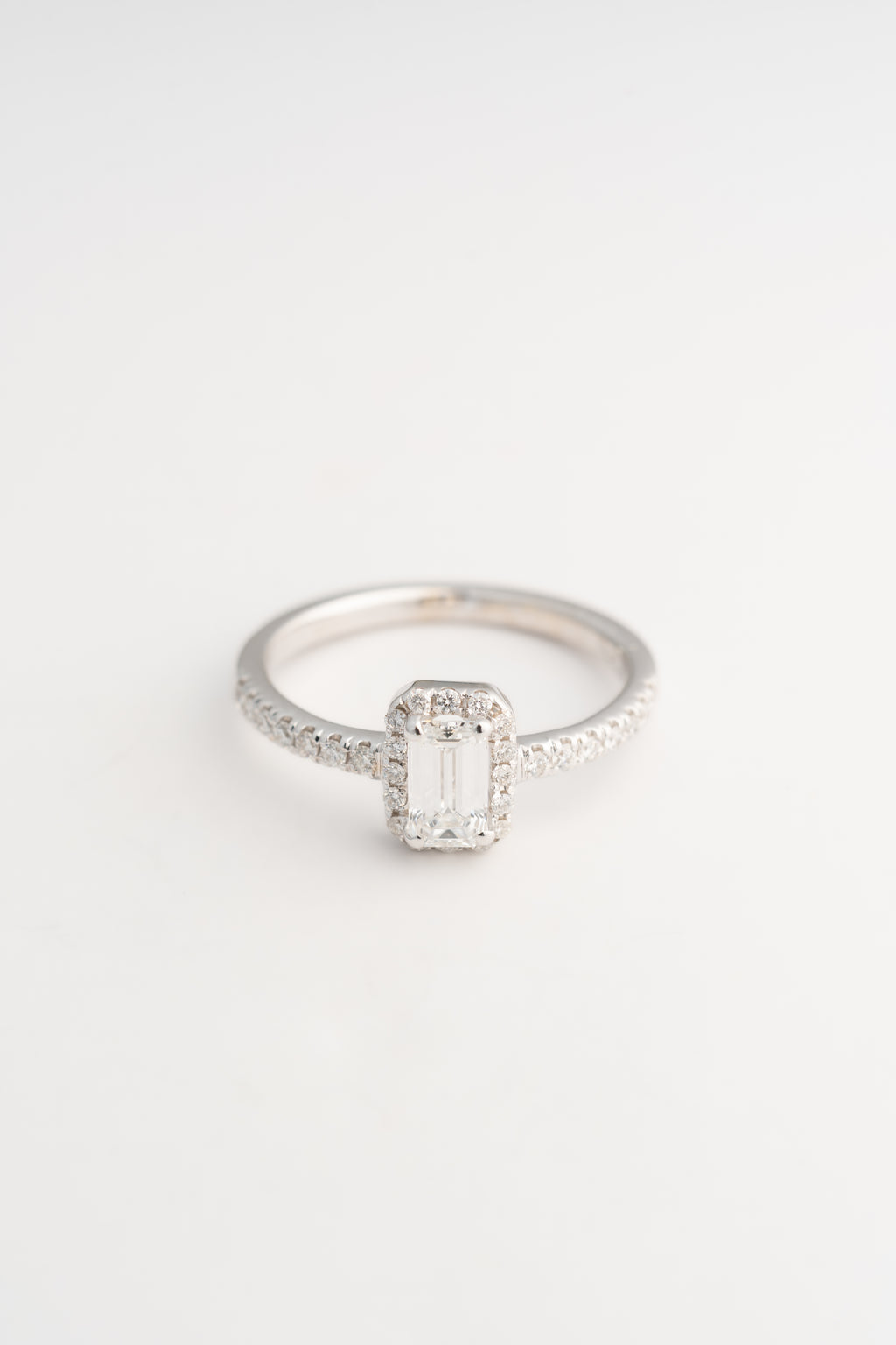 Emerald Cut Diamond Halo Ring with Side Stones - 18k White Gold