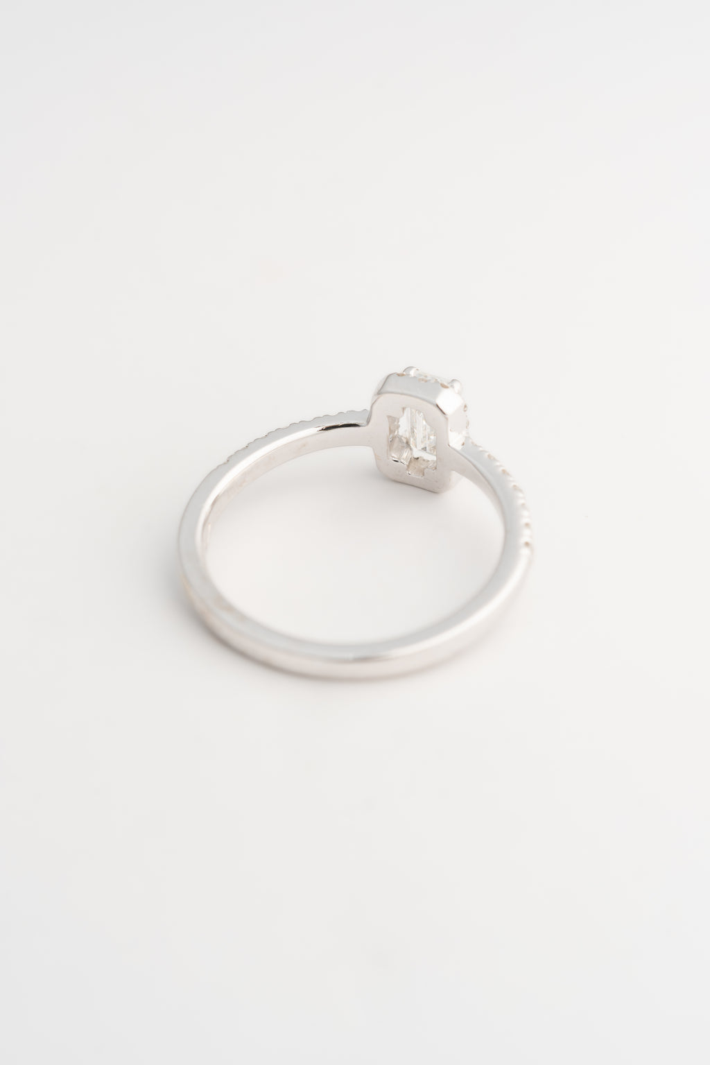 Emerald Cut Diamond Halo Ring with Side Stones - 18k White Gold