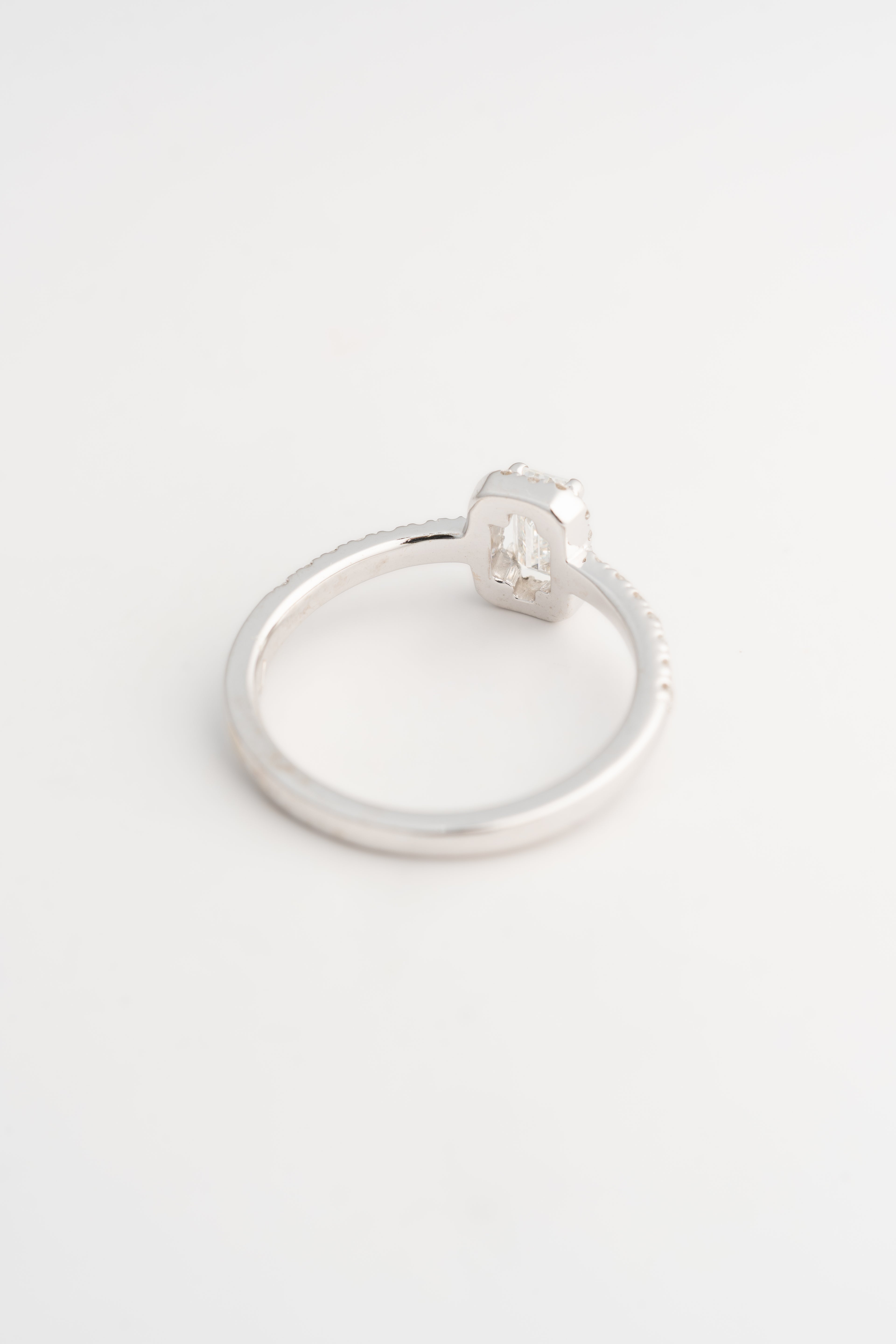 Emerald Cut Diamond Halo Ring with Side Stones - 18k White Gold