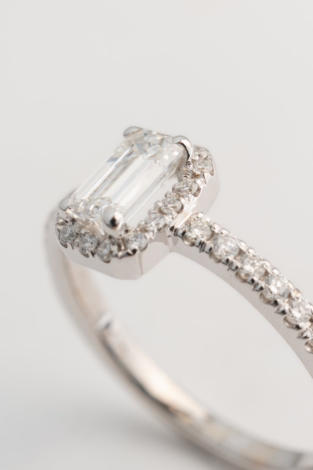 Emerald Cut Diamond Halo Ring with Side Stones - 18k White Gold