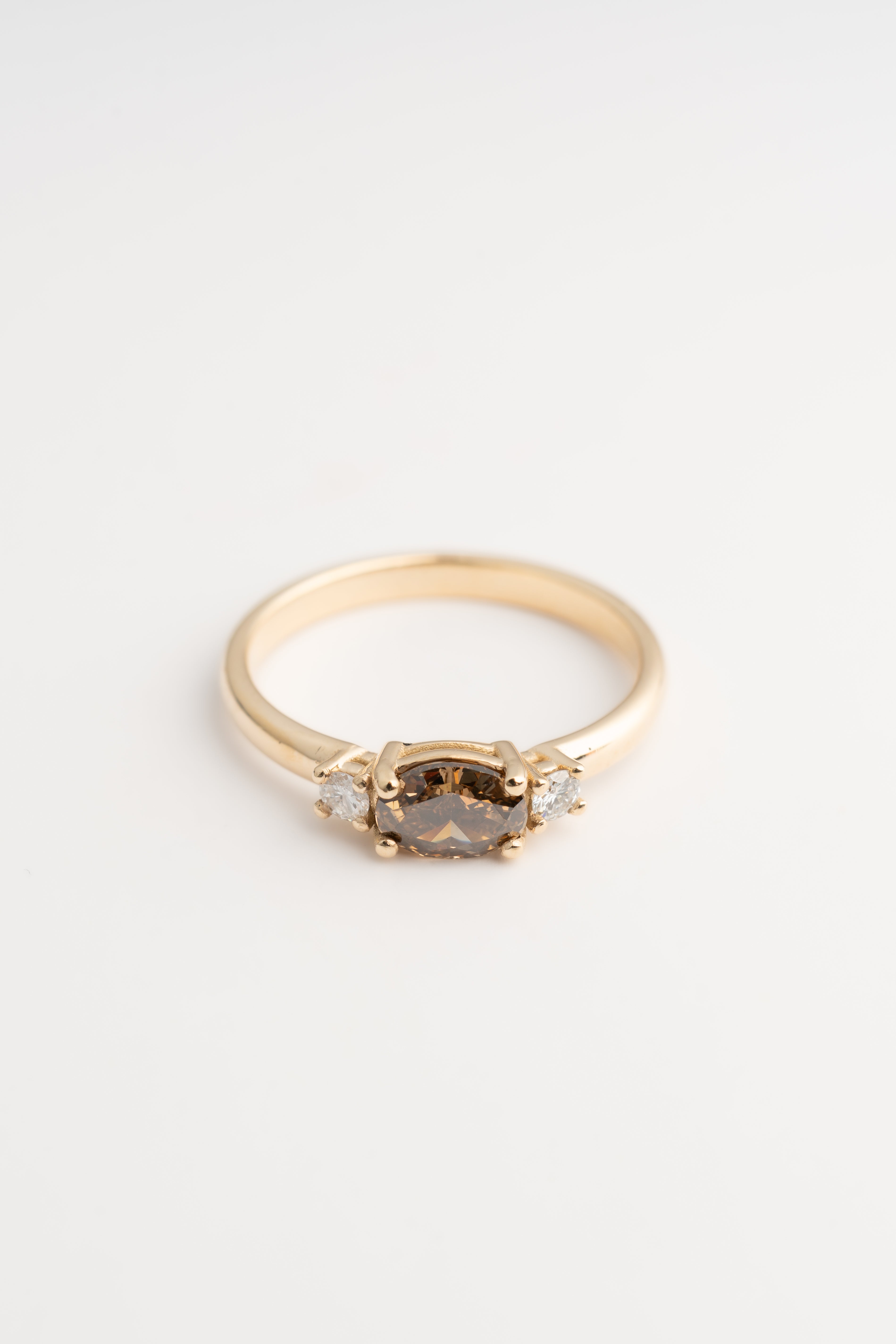 Oval Brown Diamond Ring with Side Stones - 14k Gold